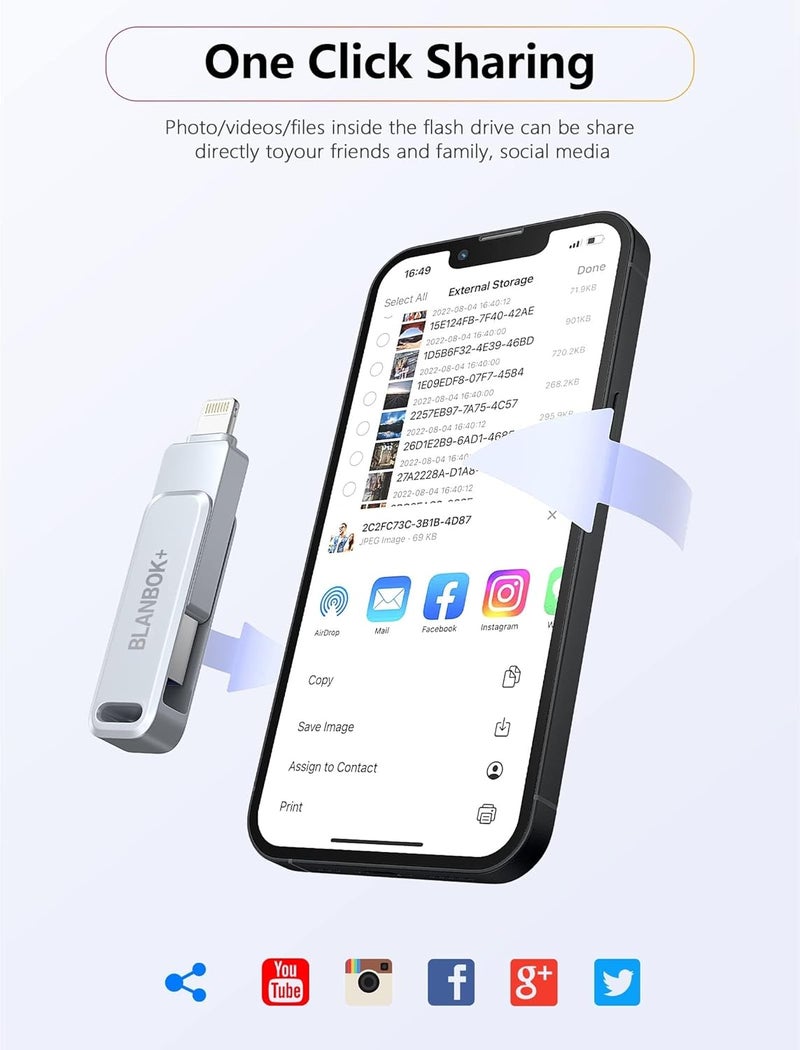 BLANBOK+ MFi Certified 512GB Flash Drive Thumb Drives USB Memory Stick High Speed Jump Drive, Portable Photo Stick External Storage iPhone Flash Drive for iPhone/iPad/Android/PC - Image 4